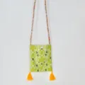 Ethnic style canvas crossbody phone bag with colorful beaded straps and bright yellow tassels. - Green Leaf - Tassel Style