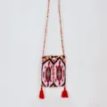 Ethnic style Atlas pattern small crossbody phone bag with beaded strap and cute red tassels. - Dark Red - Tassel Style