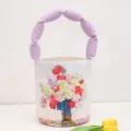 Retro oil painting bucket bag with purple padded handle, stylish canvas handbag for women. - Bottle with Flowers (Cotton-Filled Bag)