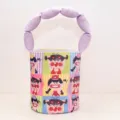Cute cartoon printed canvas bucket bag with unique purple puffy handle for women daily commute. - Grid Girl Padded Strap