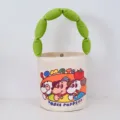 Cute cartoon canvas bucket bag with green puffy handle and fun dog print for women. - Three Dogs / Beige