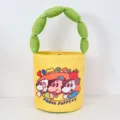 Cute cartoon canvas bucket bag with green puffy handle, trendy casual shoulder handbag. - Three Dogs / Yellow