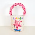 Canvas bucket bag with cute pink polka dot padded handle, cat skateboard print and stylish design. - Pink Skateboard Cat