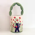 Canvas bucket bag with padded green handle and cute polka dot cat strawberry print design. - Green Padded Bag