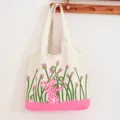 Cute cat print canvas tote bag, large capacity shoulder bag for women daily casual use - Pink Strawberry Garden