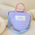 Quilted heart tote bag with pink handles and blue strap, cute casual purple handbag. - Purple
