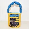 Yellow canvas bucket bag with quirky polka-dot cats print and padded blue handle casual. - Turning Head Cat Padded Bag