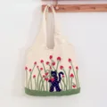 Cute polka dot cat print canvas tote bag, large capacity casual shoulder bag for daily use. - Green Strawberry Garden