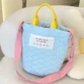 Quilted bucket bag with yellow top handles and pink strap, cute heart pattern design casual tote. - Quilted Heart Bag / Blue