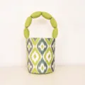 Stylish women's canvas bucket handbag with unique bubble handle and ethnic geometric print design. - S / Cyan-Green Pattern