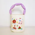 Cute canvas bucket bag with purple handle and cartoon print for daily casual use summer - Apple Print / Purple Handle