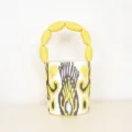 Stylish ethnic style canvas bucket bag with unique yellow puffed handle for women daily fashion. - S / Yellow-Coffee Pattern