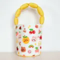 Cute cartoon print bucket bag with yellow puffy handle, casual canvas tote handbag. - Orange Yellow Handle