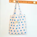 Pink canvas tote bag with blue polka dots, cute and casual style for daily use and school. - Dream Blue Polka Dot Shoulder Style