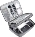 Grey double layer electronics organizer bag detail view with cable slots and mesh pockets. - Gray