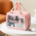 Grande borsa cosmetica rosa a doppio strato impermeabile con finestra trasparente e maniglia. - Taglia L / Doppio Strato Rosa