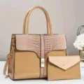 Elegante borsa a mano da donna a tracolla con pochette abbinata e texture coccodrillo. - Kaki