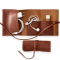 Brown leather cable organizer roll portable multi-pocket cord storage bag for digital accessories - Brown