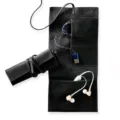 Black leather roll-up storage bag for electronic cables and earphones, portable design. - Black