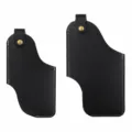 Retro black leather phone holster waist bag with metal snap button and white stitching. - S / Black