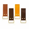Leather tape measure tool hanging buckle belt hook with metal D-ring size display chart. - Brown
