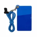 Blue PVC card holder with elastic neck lanyard and metal hook for corporate ID badges. - Blue