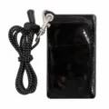 Black PVC card holder with lanyard and metal clip, ideal for corporate badges and exhibitions. - Black