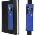 Elastic leather pen holder pouch for notebook journal, blue pen sleeve pocket detail display. - Dark Blue