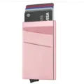 Porte-cartes pop-up minimaliste en aluminium avec protection RFID, design rose élégant. - Porte-Cartes Rose Boîte Noire