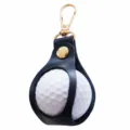 Black leather golf ball holder keychain with metal clip, portable single ball storage pouch. - Navy Blue