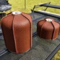 Leather gas canister cover, dark brown camping fuel protective sleeve, durable and stylish outdoor. - Brown