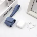 PU leather wireless headphone protective case with hand strap for AirPods detailed display. - Haze Blue