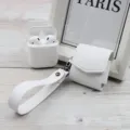 White PU leather wireless earphone protective case with wrist strap for charging box - White