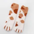 Fluffy coral fleece cat paw socks detail, soft cozy winter warm sleeping floor socks texture. - One Size / White and Brown