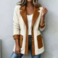 Dames lammy patchwork cardigan jas revers knopen teddy fleece buitenkleding winter - Karamel