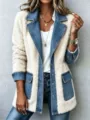 Shearling denim patchwork cardigan jas, stijlvolle revers winterjas voor vrouwen. - Blauw