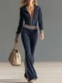 Women's stylish navy ribbed knit hooded zip jumpsuit with contrast striped waist. - S / Navy Blue