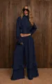 Navy blue two-piece women's set featuring a cropped zip jacket and ruffle wide-leg pants. - S / Top And Bottom / Navy Blue