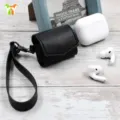 Korean style black PU wireless earphone protective case with wrist strap and metal buckle. - Black