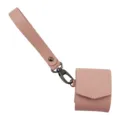 Pink PU leather wireless earphone protective case featuring a portable wrist strap accessory. - Pink