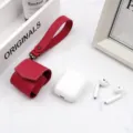 Red PU leather wireless earphone case with hand strap, portable protective cover for daily use - Rose Red