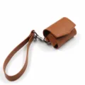 PU leather protective case for wireless bluetooth earphones with strap and metal hook carry pouch - Yellow Brown