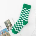 Green and white checkerboard crew socks fashionable daily casual streetwear women socks style - One Size / Green & White Checkerboard