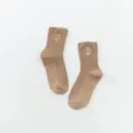 Women's mid-calf knit socks in khaki with cute embroidered bear design, casual student style. - Milk Coffee