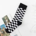 Black and white checkerboard mid-calf socks for women, trendy knit cotton daily casual socks. - One Size / Black & White Checkerboard