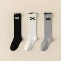 Korean style bow knee high socks sweet knitted breathable ruffles hosiery for daily wear - M (3-5 Yrs) / Black