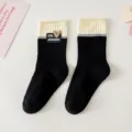 Korean style color block crew socks for women, cute heart label cotton socks spring autumn - Black and White Patchwork / Adult Size