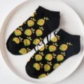 Cute fruit pattern cotton short socks for men and women, stylish black ankle boat socks - Black Fruit Slice