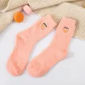 Cute fuzzy coral fleece socks for women, thick warm winter floor socks with sweet peach embroidery in pink. - Pink Peach
