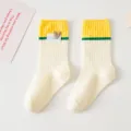 Korean style contrast color cotton crew socks for women with cute heart badge preppy style - Yellow White and Green / Adult Size